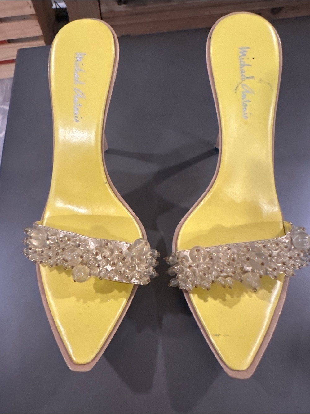 Michael Antonio Yellow Beaded Pointed Slide Mules